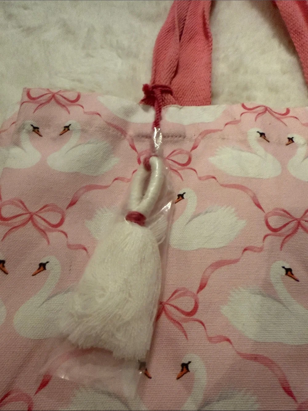 NWT, The Farmhouse Pink Swan Print Tote Bag with Tassel Accent